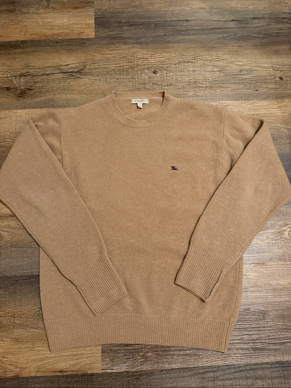 Burberry Men's Crewneck 100% Lambswool Sweater in Camel Brown with Maroon Logo